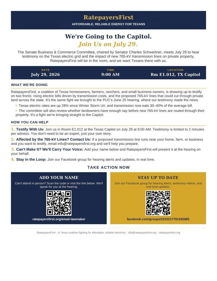 Preview of the RatepayersFirst one-pager for the July 29 Senate hearing